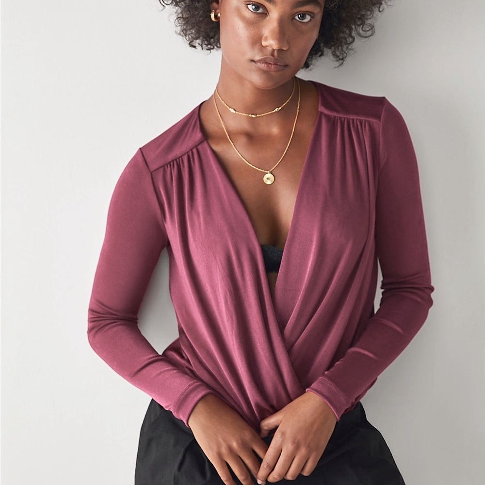 NWT FREE PEOPLE TURNT LONG-SLEEVE SURPLICE THONG BODYSUIT WACKY WINGS COLOUR Sm